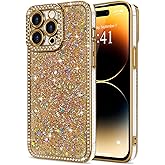 Lafunda for iPhone 14 Pro Case Glitter, Luxury Shiny Bling Sparkly Bumper Cover with Crystal Diamonds for Women Girls Soft TPU Slim Shockproof Protective Phone Case for iPhone 14 Pro 6.1", Gold