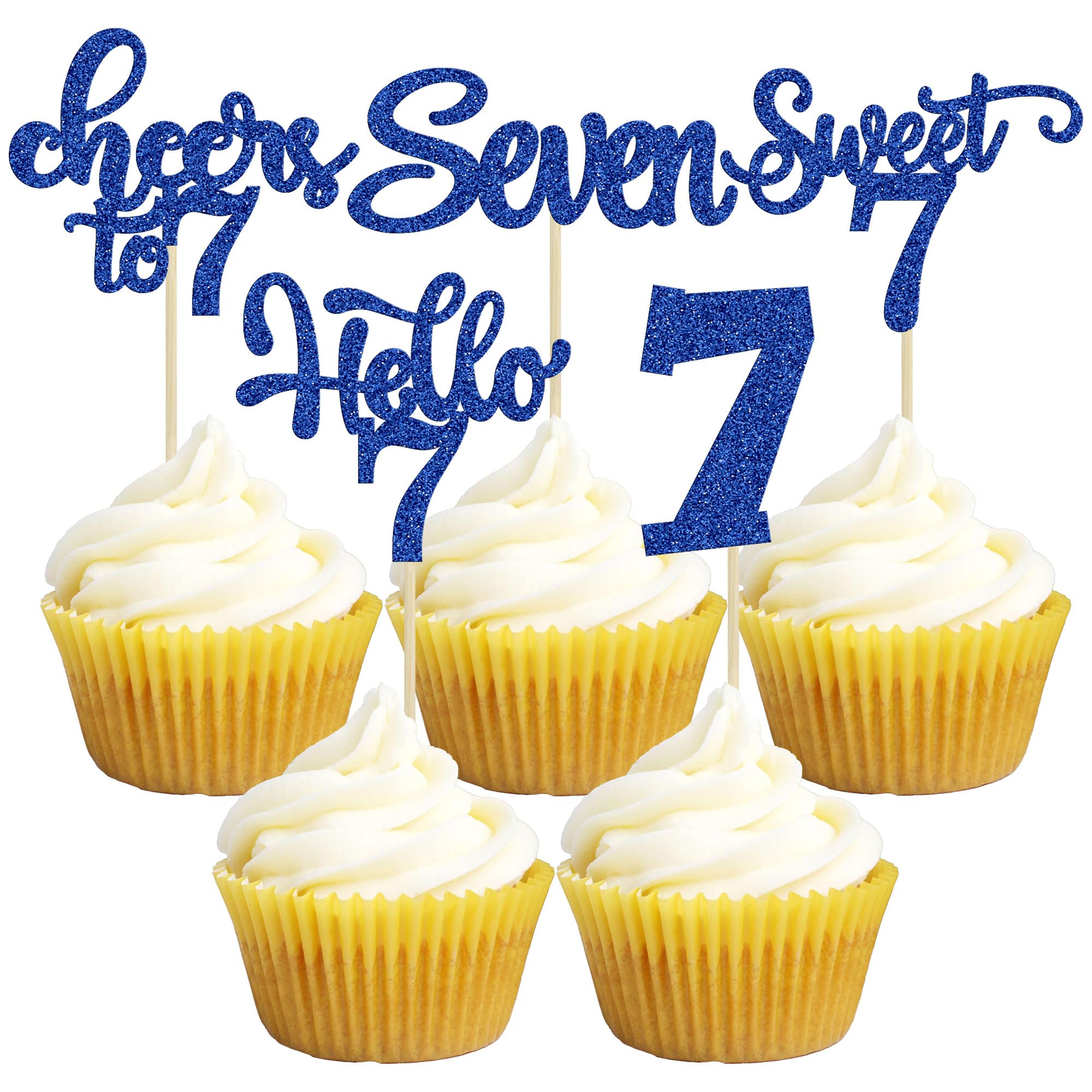 Photo 1 of 30Pcs 7th Birthday Cupcake Toppers Glitter Seven Happy 7 Cupcake Picks Cheers to 7 Years Old Cake Decorations for 7th Birthday Party Supplies Deep Blue
