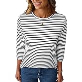LilyCoco Womens 3/4 Length Sleeve Tops Striped Boatneck Shirt Breton French Cotton Tees