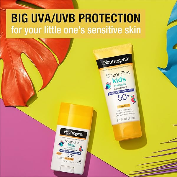 NEUTROGENA SHEER ZINC OXIDE KIDS MINERAL SUNSCREEN STICK, BROAD SPECTRUM SPF 50+ & UVA/UVB PROTECTION & WATER RESISTANT WITH RESIDUE-FREE, NO-MESS APPLICATION, OIL- & PARABEN-FREE, 1.5 OZ
