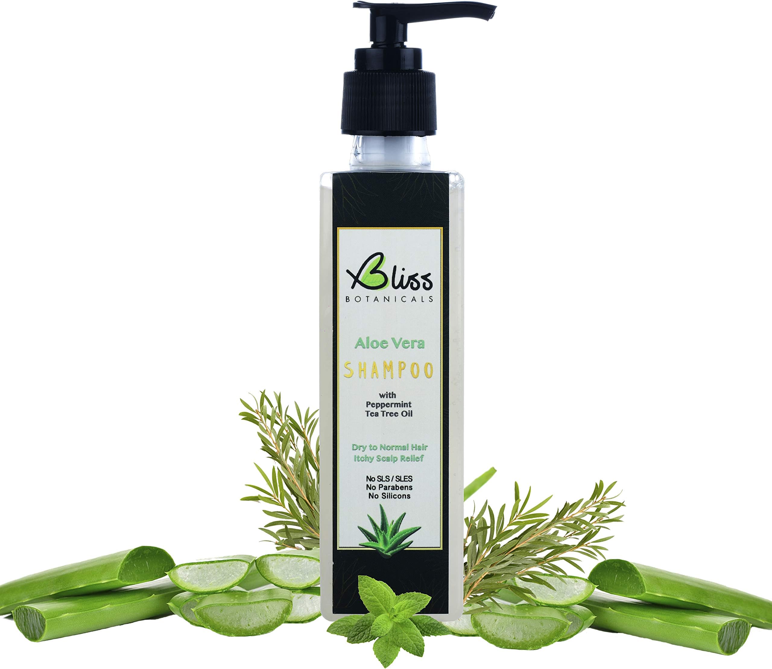 Bliss Botanicals Aloe Vera Shampoo with Peppermint & Tea Tree Oil | Itchy Scalp Relief | Free from SLS, Parabens, Silicons | 200ml