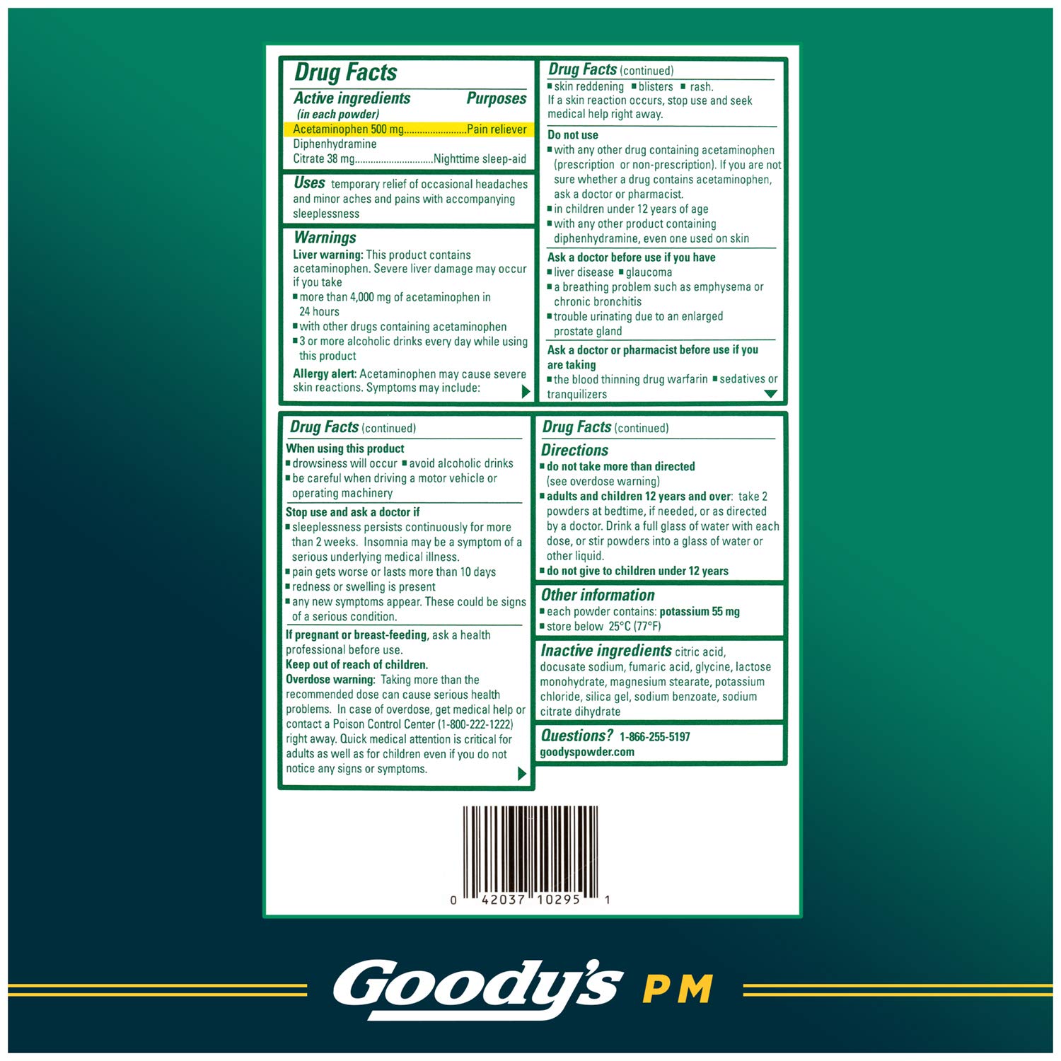 Goody's Nighttime Powder, Pain Reliever & Sleep Aid with Acetaminophen & Diphenhydramine Citrate, Caffeine Free, 16 Count