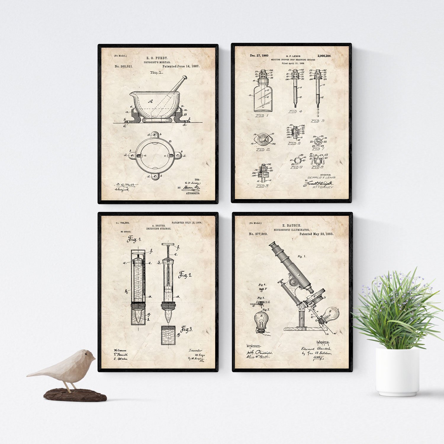 Nacnic Vintage - Pack of 4 Pharmacy Patent Posters. Antique Patent and Invention Poster Set. Choose the colour that you like. Printed on 250 g paper