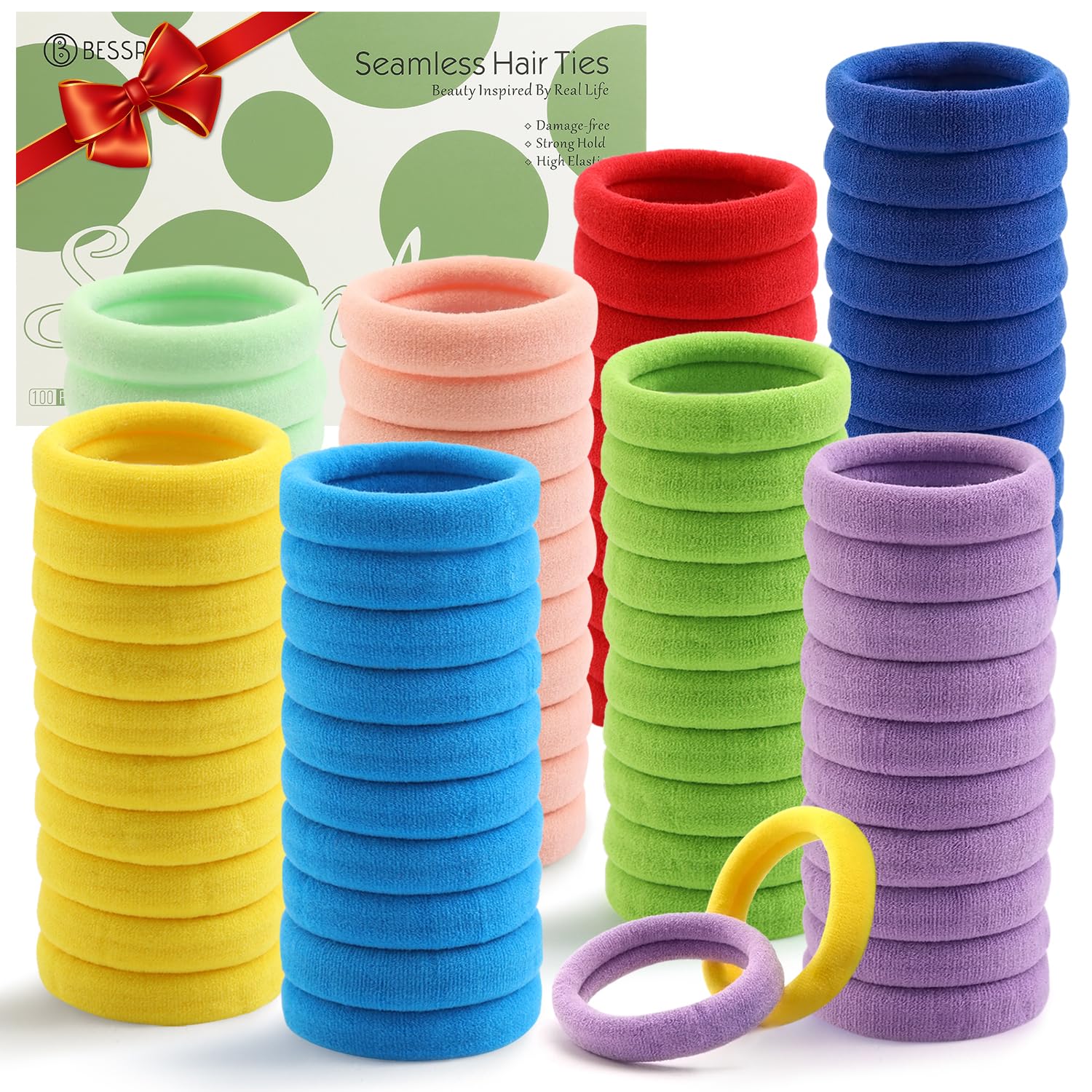 Photo 1 of 100 Pcs Thick Seamless Hair Ties, Ponytail Holders Hair Accessories No Damage for Thick Hair (Rainbow Colors)