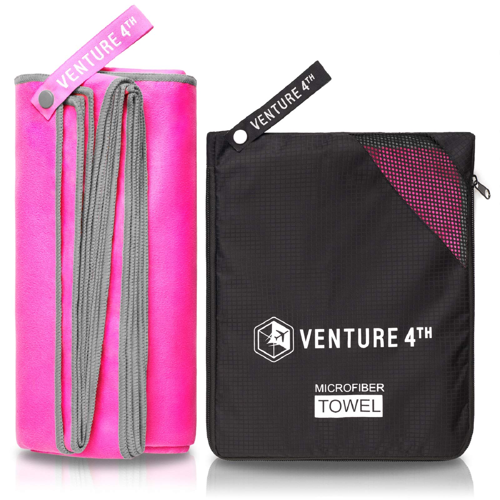 VENTURE 4TH Quick Dry Microfiber Towel - Odor Resistant, High Performance Towels for Gym, Camping, Travel, Yoga and Beach (Pink-Gray Extra Large) - Includes Tear Resistant Bag