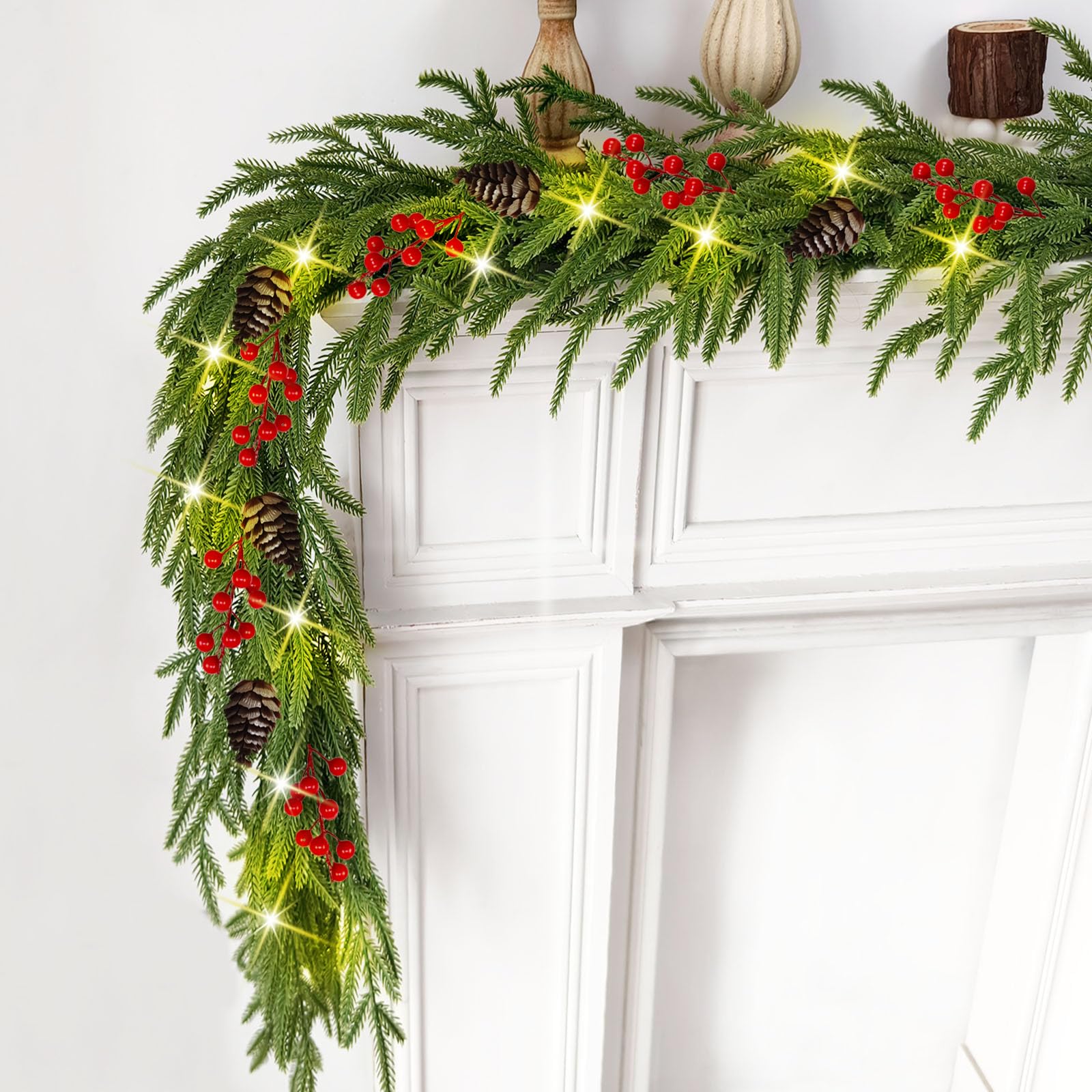 Photo 1 of 6 Ft Christmas Norfolk Pine Garland Prelit 20 Warm Lights Red Berries 8 Flashing Modes IP44 Battery Box for Mantle Outdoor Indoor Decoration