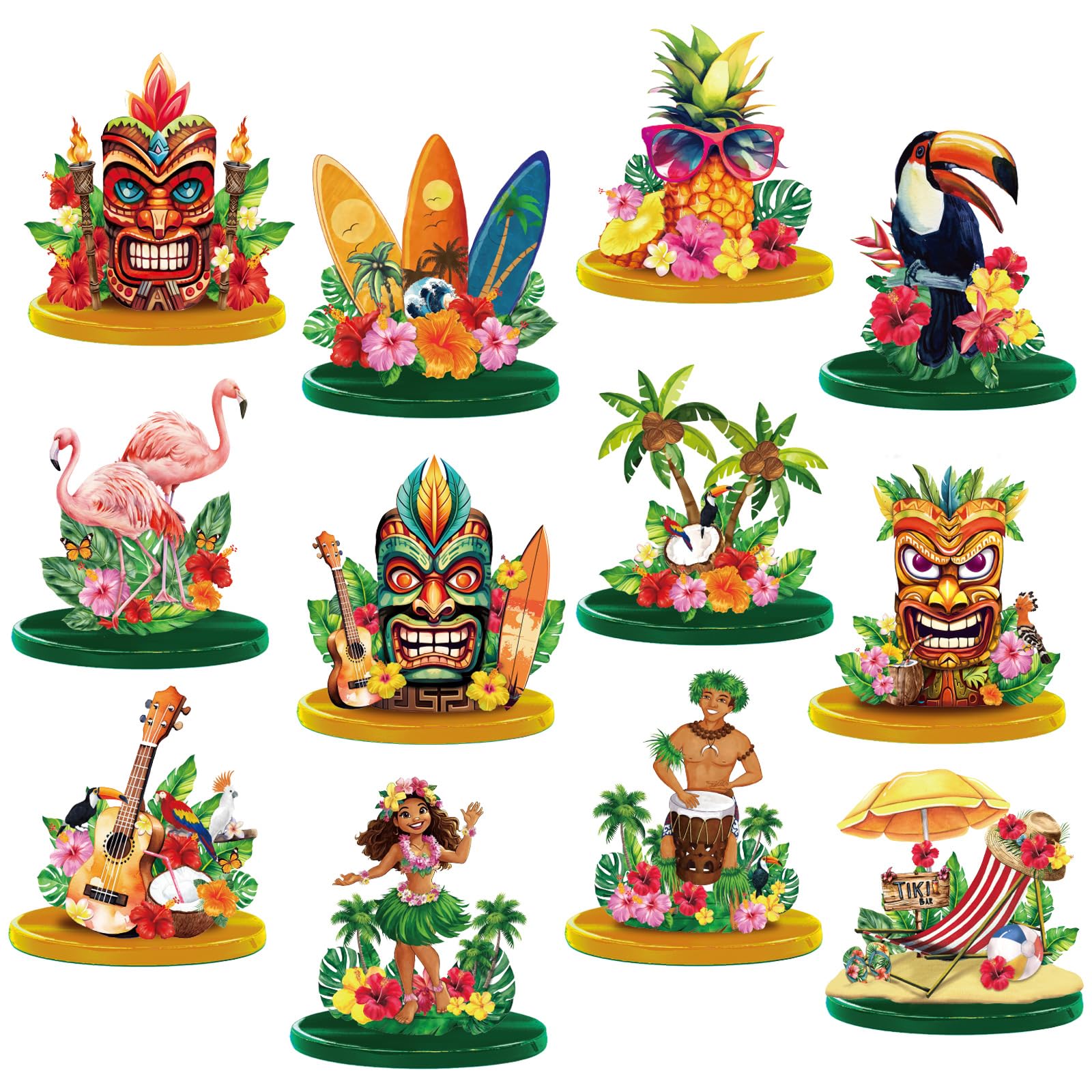 Photo 1 of Seenelling 12 Pcs Hawaiian Luau Party Table Decorations Tiki Totem Table Centerpiece Wooden Tropical Aloha Signs Decor for Hawaiian Tiki Bar Birthday Wedding Beach Pool Party Supplies