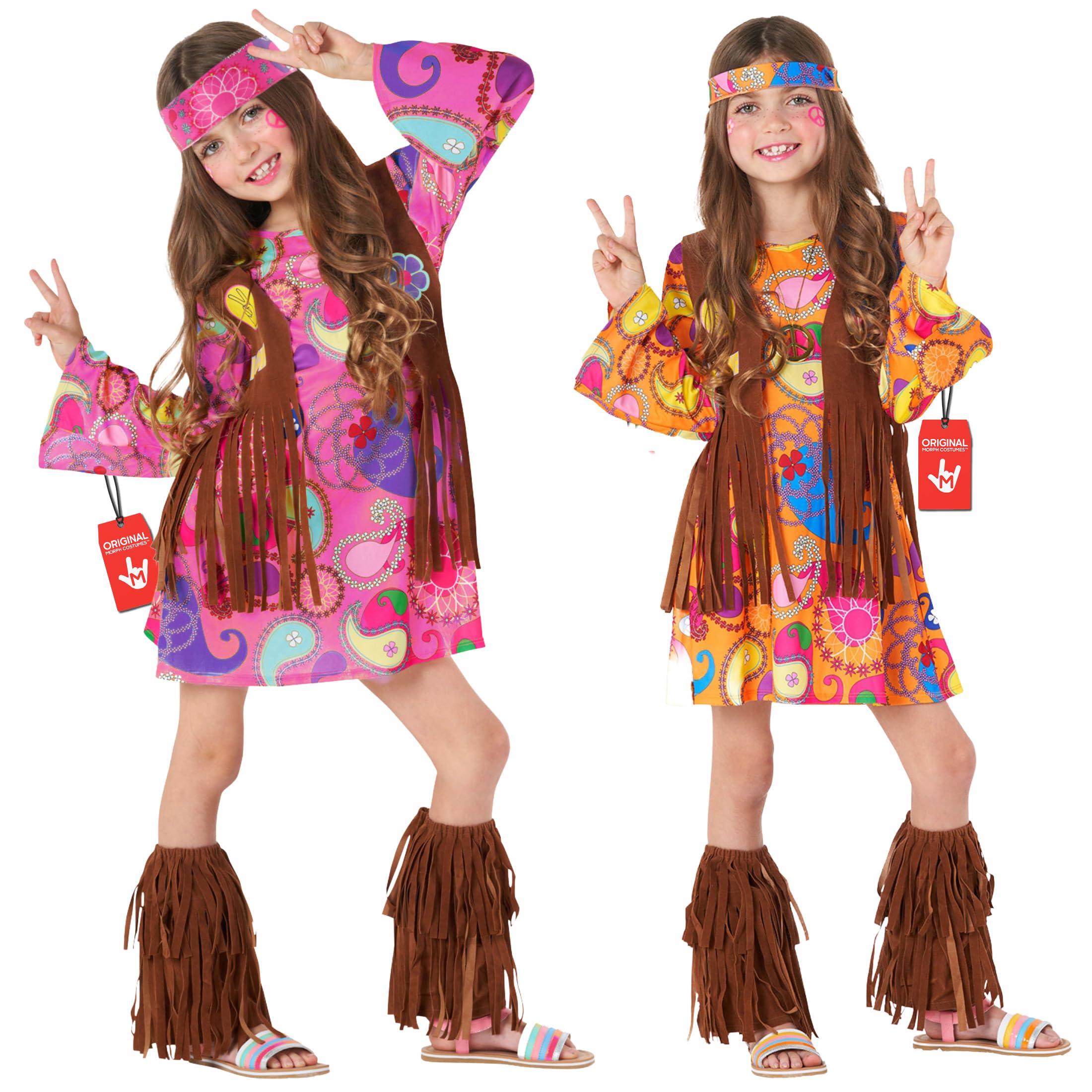 Morph Kids Hippie Vest Costume Dress - 70s Disco Outfit for Girls Halloween Costume, Retro Hippie Dress for Kids, X-Large
