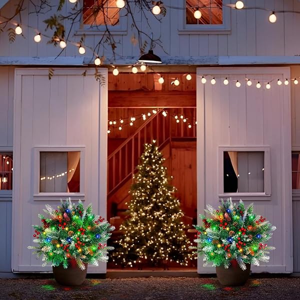 2 PACK LIGHTED ARTIFICIAL CHRISTMAS URN FILLER, BATTERY OPERATED PRE-LIT MINI XMAS TREES, TRIPOD STAKE AND LED LIGHTS CHRISTMAS PORCH DECORATIONS FOR PORCH, YARD, GARDEN, FLOWER BEDS（MULTICOLOR）
