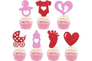 LEVVCIRKI 35 PCS Valentines Day Baby Shower Cupcake Toppers Gender Reveal Cupcake Decorations Heart Footprint Nipple Bottle Stroller Theme Party Supplies