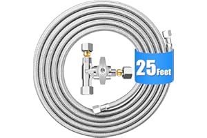 HAOCHEN Fridge Water Line Kit - 25FT Premium Stainless Steel Braided Refrigerator Water Line with Tee Stop Valve,Foodgrade PEX Inner Tube Ice Maker Water Line with 1/4" Fittings for Refrigerator Ice Maker