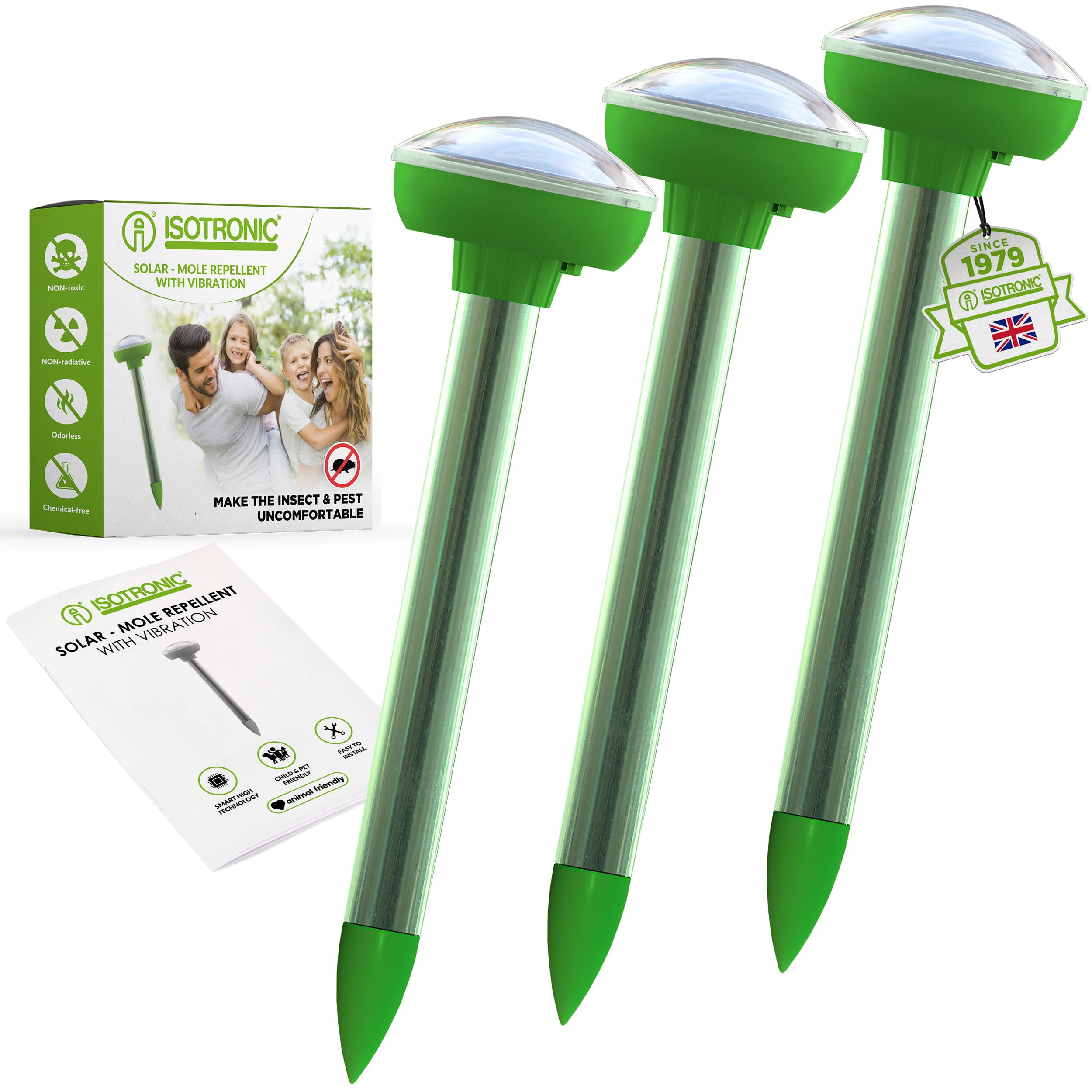 ISOTRONIC® Solar Mole Scarer, Effective Vibrasonic Deterrent against Mole, Mouse, Rat, Ant, Vole, Snake - High Frequency Outdoor Repeller - Pack of 3 Pcs.