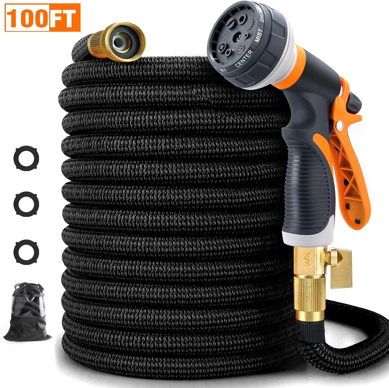 FIVKLEMNZ 100ft Garden Hose, Expandable Leakproof, Durable Lightweight, Flexible Expanding, Double Latex Core, 3/4 Solid Brass Fittings, Extra Strength Fabric, 8 Function Spray Nozzle Water Hose: Home Improvement