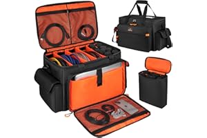MRINCA DJ Equipment Bag, Cable Organizer Bag with 8-Slot Mic Stand Storage, Laptop Compartment & Detachable Dividers, Padded Protective Case for Wireless Mics, DJ Accessories