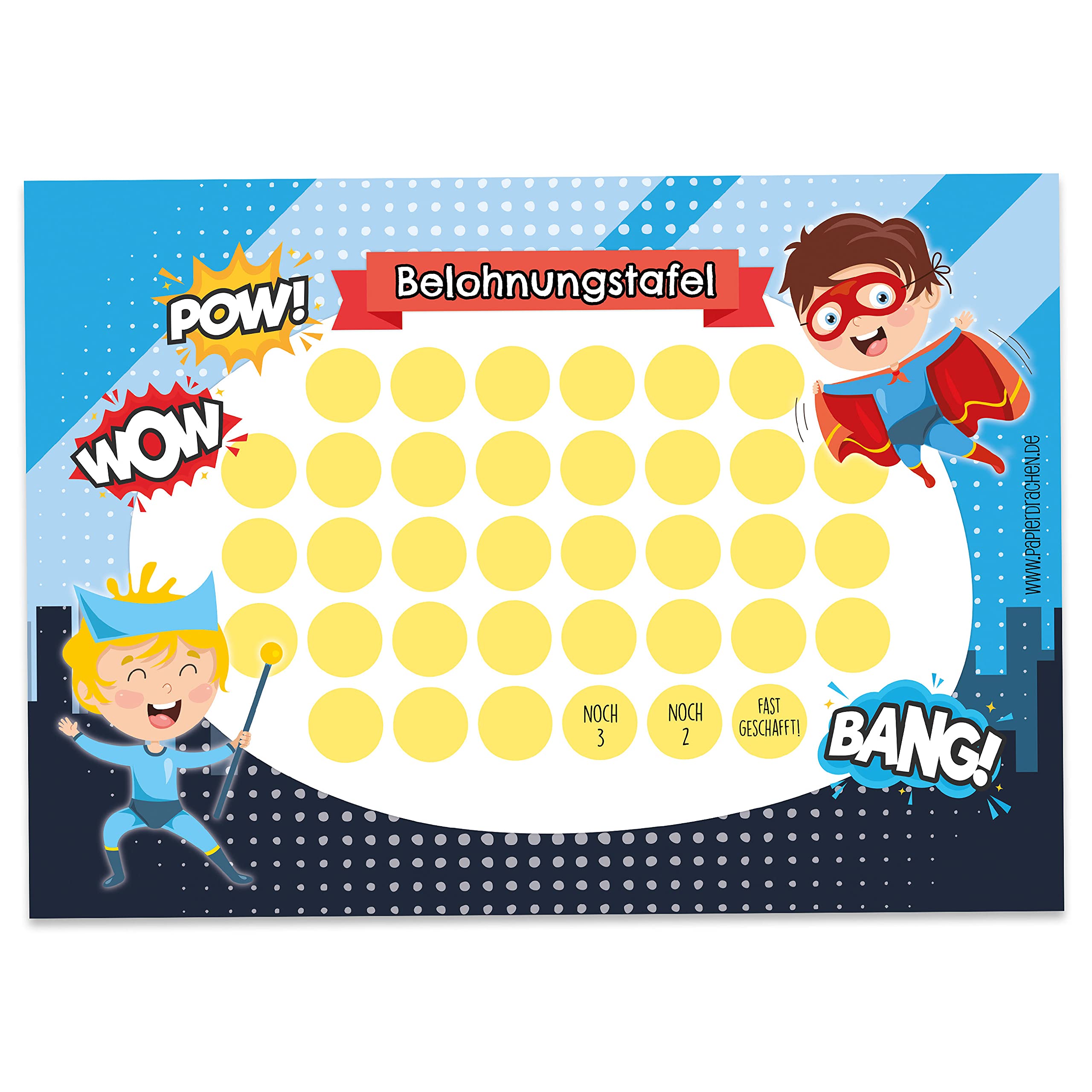 Papierdrachen Reward Chart Set for Children as Tear-Off Pad 10 Sheets – Motivational Concept as Educational Aid – with Great Stickers for Boys and Girls – Motif Superheroes Boys Set 9