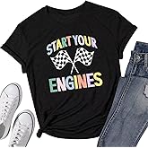 Women Racing Shirt Start Your Engines Tshirt Checkered Flag Short Sleeve Race Car T-Shirt Race Lover Casual Tee
