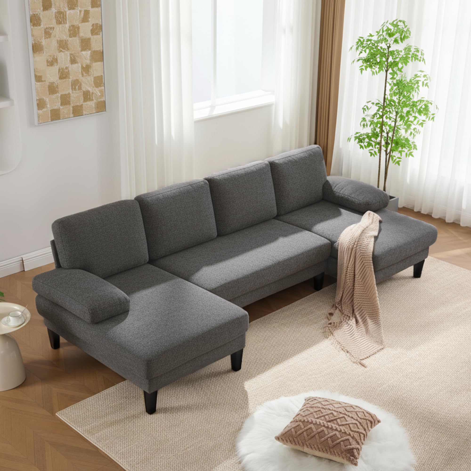 Photo 1 of ***BOX 2OF2****Tocsuna Oversized 112" U-Shaped Sectional Sofa, Linen Couch, 4 Seat Lounge Sleeper with Double Chaise for Living Room/Apartments/Office (Gray)
