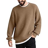 August Alley Men's Oversized Sweaters Waffle Knit Crewneck Unisex Textured Casual Sweater Soft Loose Fit Pullover Top