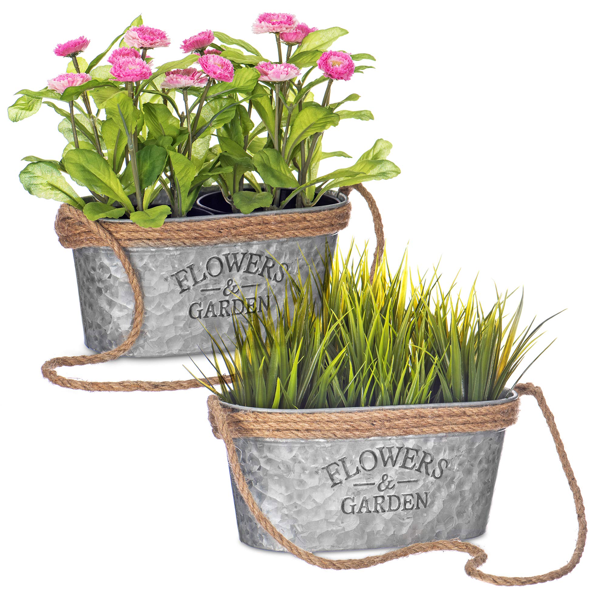 LIVIVO Metal Plant Pots Set of 2 - Oval Metal Flower Pot Planters with Rope Handles and 'Flowers & Garden' Design - Rustic Indoor Outdoor Herb Pots, Decorative Patio Hanging Planters for Home Office