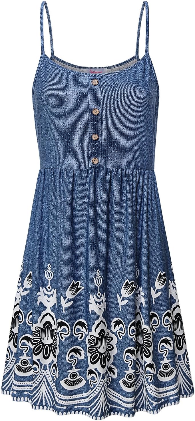 Misswor Casual Sundress, Ladies Slip Dress Sleevless Flattering Flower Print Skater Dress Elegant Fluid Pleats Comfy Stretchy Going Out Weekend Shopping Beach Dresses Floral Blue L