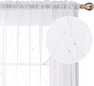 Deconovo White Rod Pocket Dots Printed Linen Look Volie Sheer Window Curtain for Bedroom, 52x84 Inch, Silver
