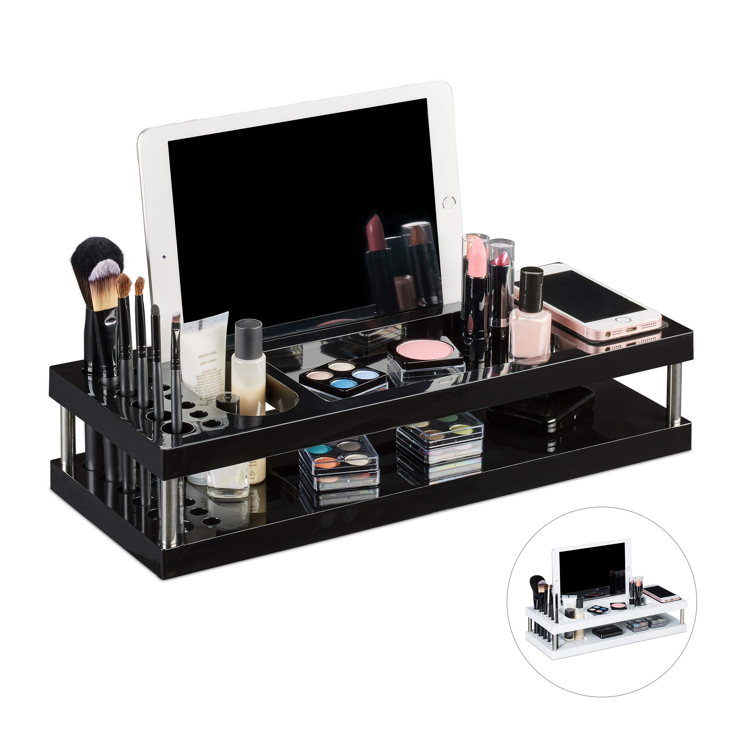 Relaxdays Table Organizer, Make-Up Stand Tablet and Smartphone, Brush Holder, Office, Black, H x W x D: app. 8.5 x 40 x 16 cm
