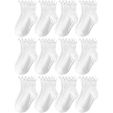 Toddler Girls Socks 12 Pack Grip Kids Cotton Socks for Toddlers 6M-7Years | 75% Premium Cotton,Full Sole Non Slip Grips,Cute Ruffle Baby Girls Socks,All Seasons Daily School Wear,Kids Breathable Socks