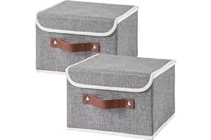HYVAKUPPA 2PCS Collapsible Storage Boxes Baskets with Lid Cotton Linen Fabric Storage Bins with Faux Leather Handles Washable
