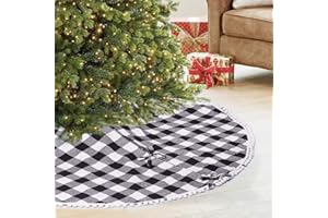 SevenFish 48 inch Buffalo Plaid Christmas Tree Skirt Black and White Buffalo Check Tree Skirt with Pom Pom for Christmas Decorations