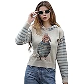 PGecok Cute Women's Hoodie, Cartoon Dog Print Crochet Sweater, Youthful and Trendy Striped Long Sleeved Knit Sweater