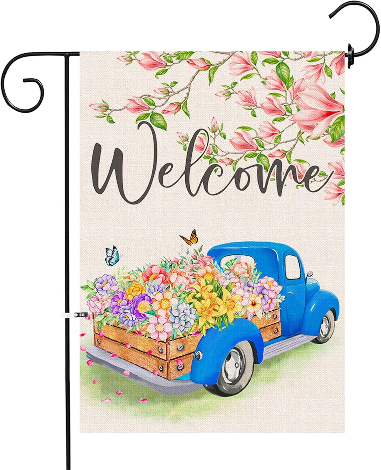 Pinata Spring Garden Flag 12 X 18 Double Sided, Small Welcome Banner Floral Yard Flag Spring and Summer Burlap Magnolia Tree Flower Decor, Blue Truck Seasonal Outdoor Flags Cute Farmhouse Spring Decor
