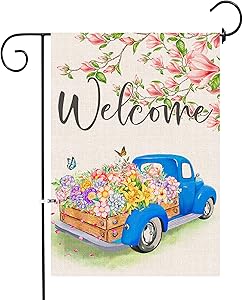 Pinata Spring Garden Flag 12 X 18 Double Sided, Small Welcome Banner Floral Yard Flag Spring and Summer Burlap Magnolia Tree Flower Decor, Blue Truck Seasonal Outdoor Flags Cute Farmhouse Spring Decor