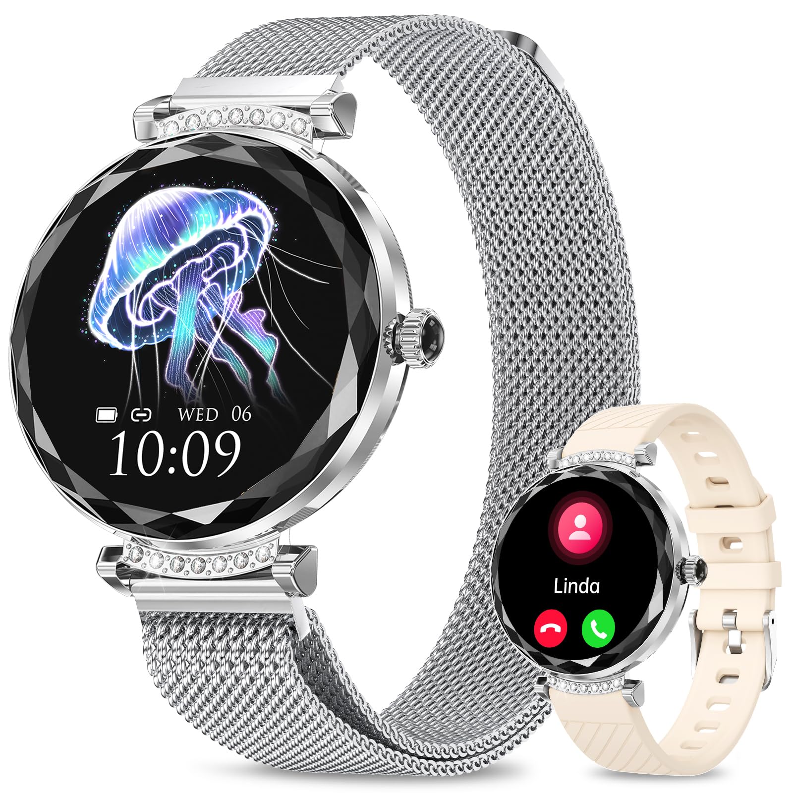 Smart Watch for Women,1.19" AMOLED Women Smart Watch With Bluetooth Call,100+ Sports Modes,Heart Rate/Blood Pressure/SpO2 Monitor,IP68 Waterproof,Fitness Tracker,Smartwatch for Android/iOS Silver