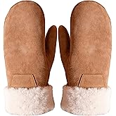 CLeemuziN Ladies Girls Faux Suede Leather Mittens Winter Warm Cold Weather Gloves Fuzzy Cuffed Thick Fleece Lined Mitt Small