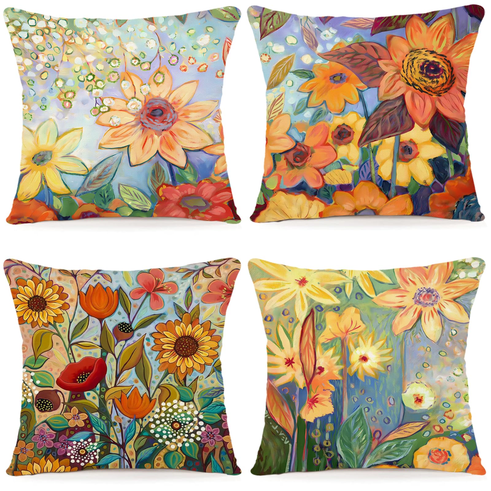 ZWJD Decorative Linen Cushion Cover 45x45 Set of 4 Floral Watercolor Painting Cushion Covers for Sofa Bedroom Sofa Outdoor Cushion 45x45 A201-18 — image 1