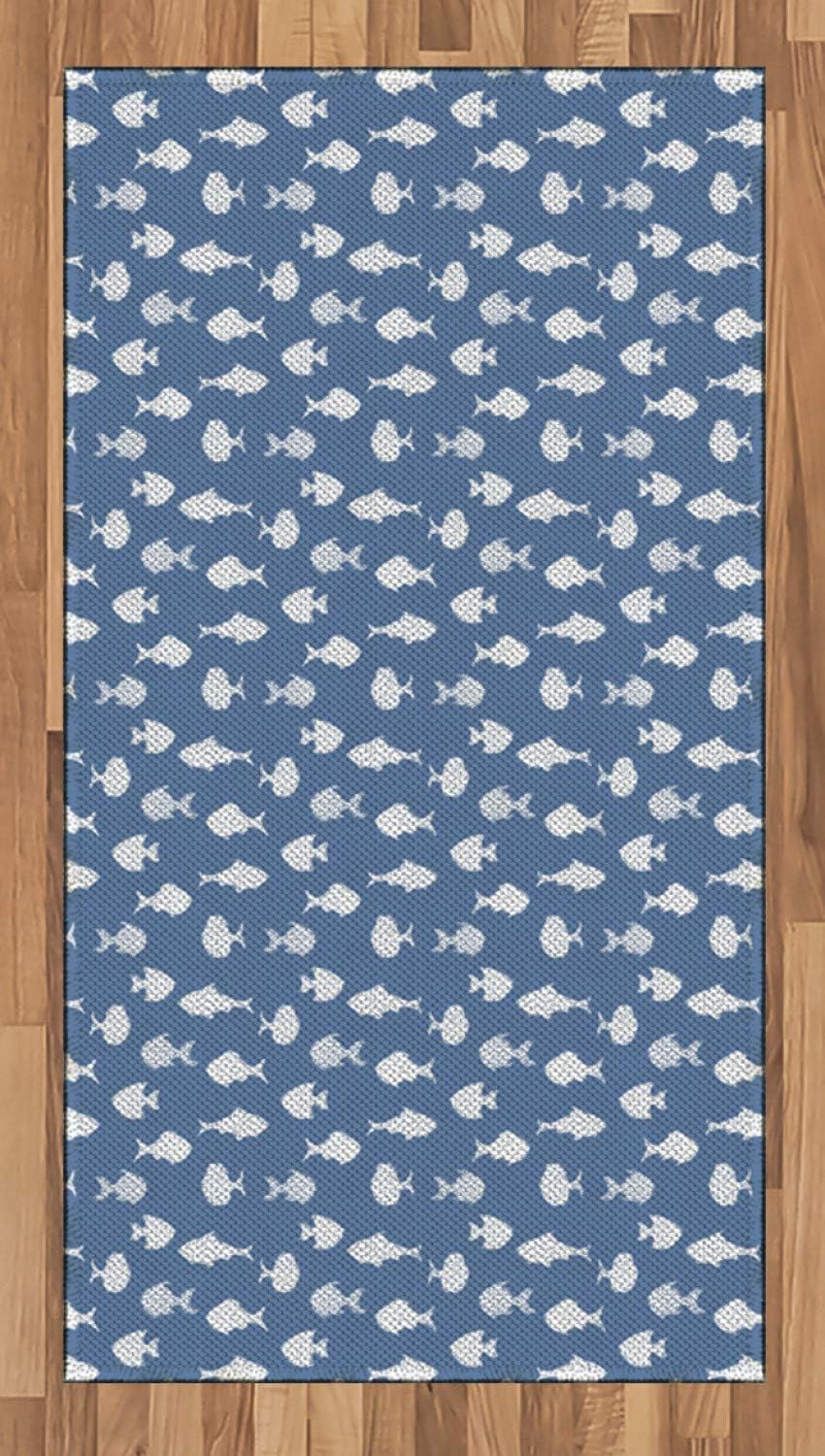 Ambesonne Fish Area Rug, White Fish Silhouettes with Dots and Dashes Print on Blue Background Print, Flat Woven Accent Rug for Living Room Bedroom Dining Room, 2.6' x 5', Ceil Blue and White
