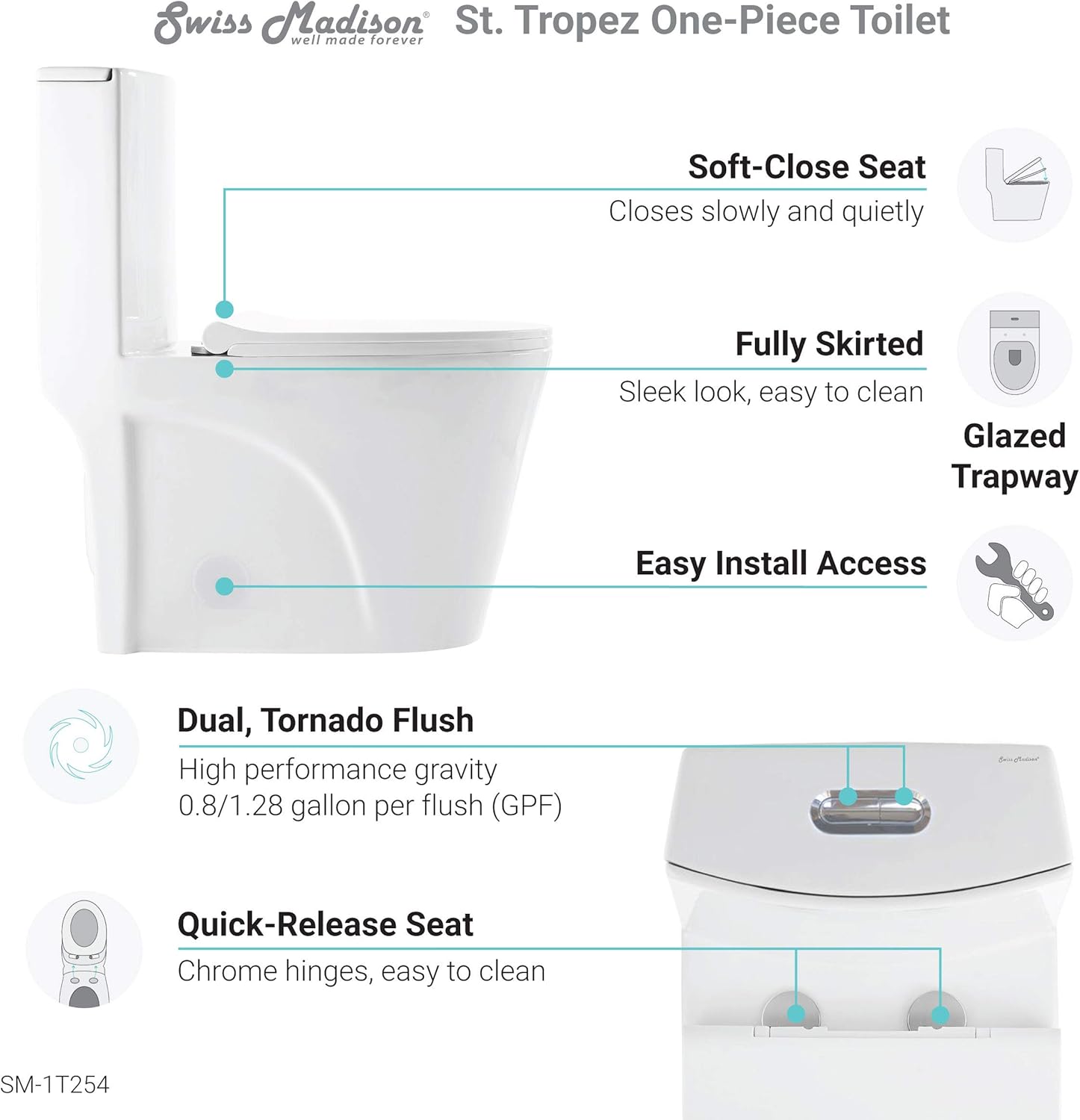 Swiss Madison Well Made Forever SM-1T254 St. Tropez One Piece Toilet, 26.6 x 15 x 31 inches, Glossy White - - 