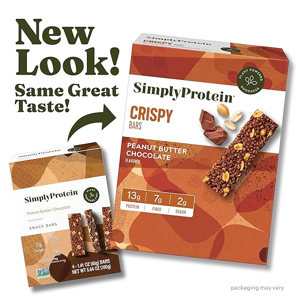 SIMPLY PROTEIN – PEANUT BUTTER CHOCOLATE CRISPY BARS – PLANT BASED PROTEIN BARS – LOW CARB, LOW SUGAR, HIGH FIBER – 13G PROTEIN, 2G SUGAR, 7G FIBER – VEGAN, GLUTEN FREE, NON GMO, KOSHER – 4 BARS
