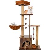 FUKUMARU Retro-Modern Cat Tree, 4 in 1 Large Cat Tower with Hammock &amp; Condo | 53.5" Aesthetic Cat Tree Tower for Indoor Adult Large Cats, Brown Cat Climber Stand with Jute Post and Silvervine Balls