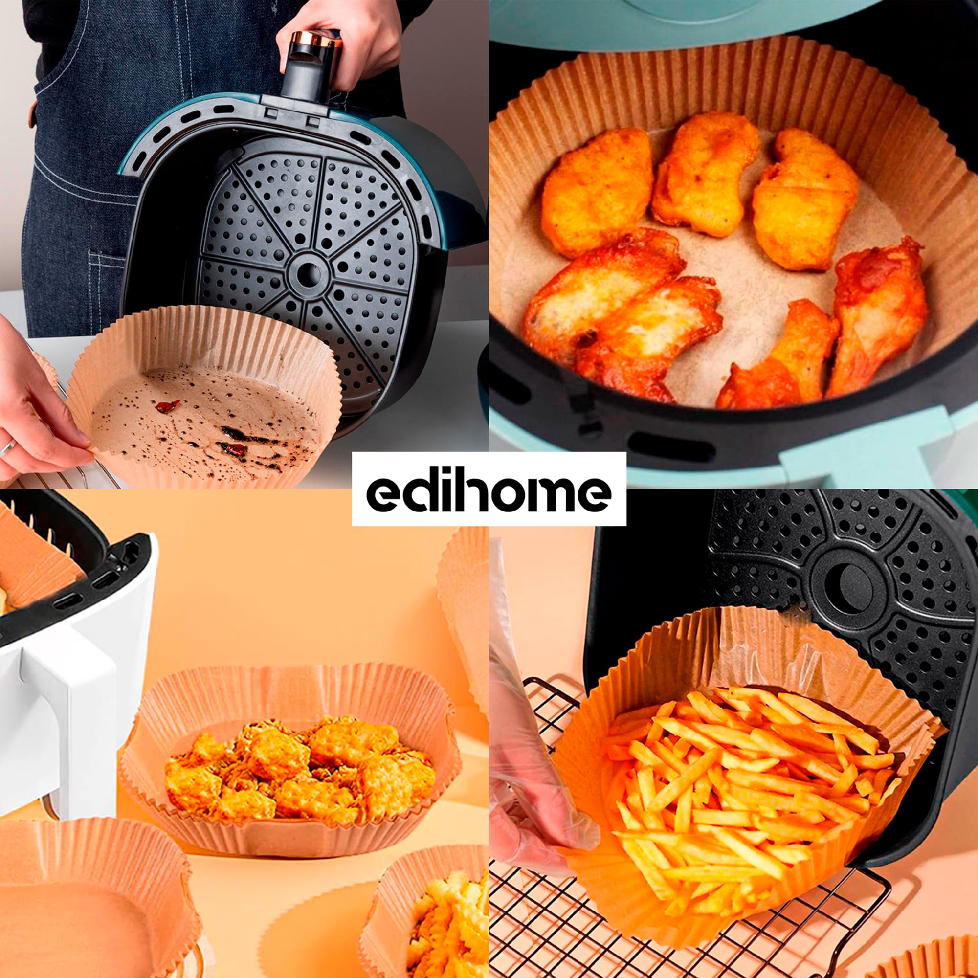 edihome, Backpapier für Heißluftfritteuse, fur Air Fryer, 100 Stück, 20-24 cm, BPA Free, Zubehör Heissluftfritteuse, Einweg, für Backofen, 5 bis 8 Liter (Quadratisch, 20-24 cm) 6