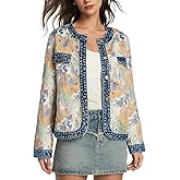 Kedera Women's Floral Denim Jacket Long Sleeve Jacquard Cropped Casual Denim Fall Jackets Coats