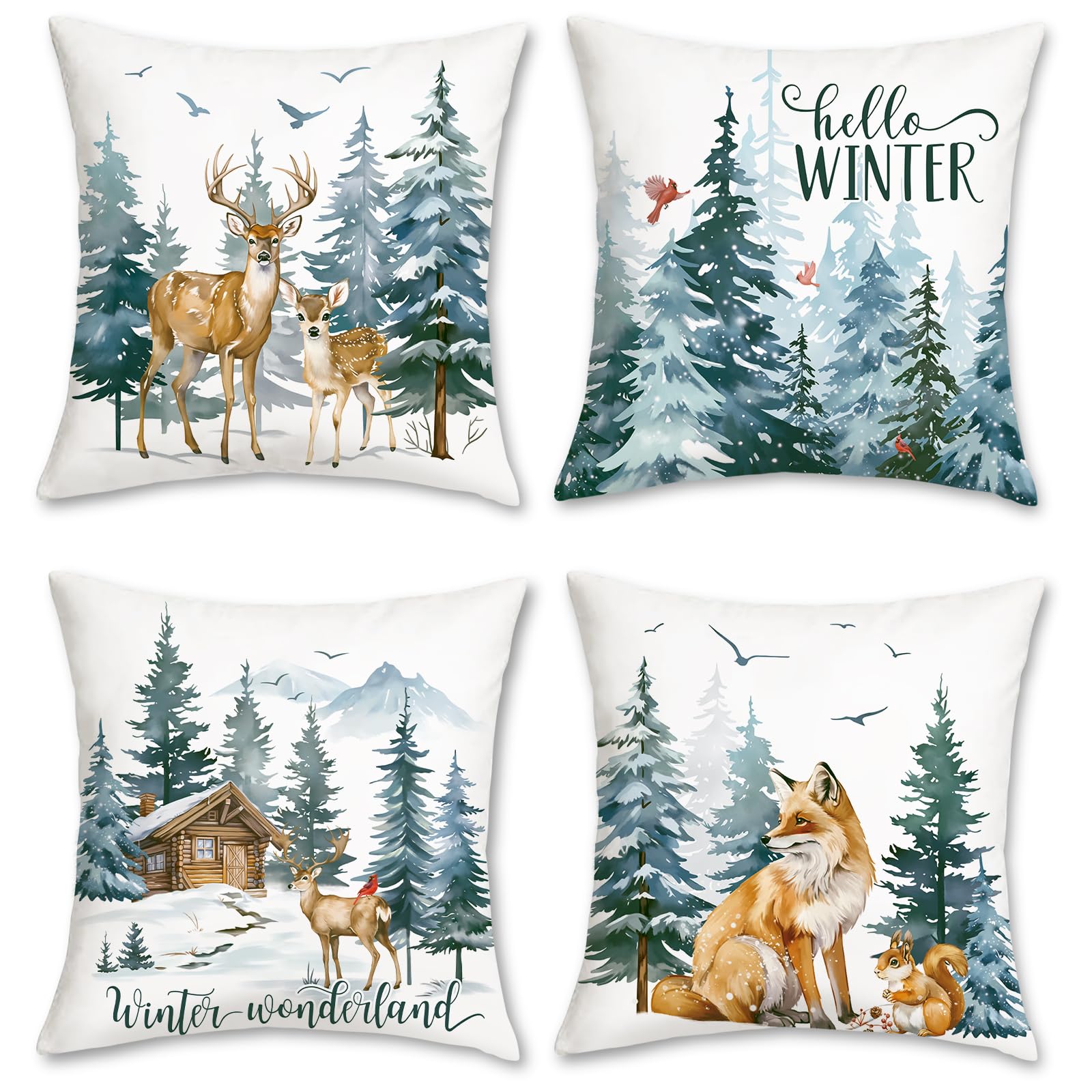 Bonhause Hello Winter Cushion Covers 45 x 45 cm Reindeer Fox Squirrel Snowy Pine Trees Decorative Throw Pillow Covers for Sofa Couch Bed Home Winter Holiday Decor Set of 4