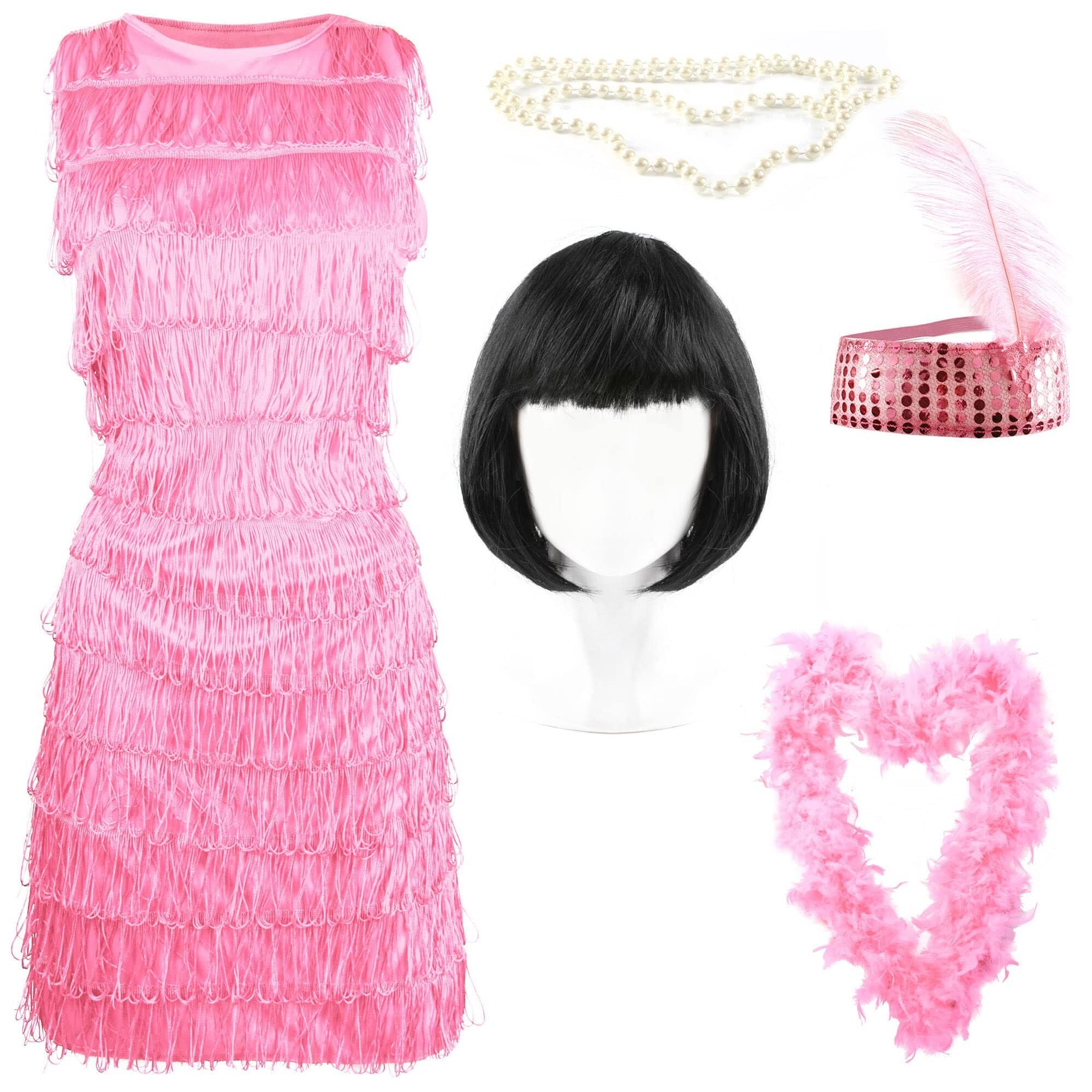 Ladies Flapper Dress - UK 8-10 - Pink Flapper Fancy Dress Costume with Matching Sequin Headband, Pearl Necklace, Bob Wig, and Feather Boa - 1920's Party Dress