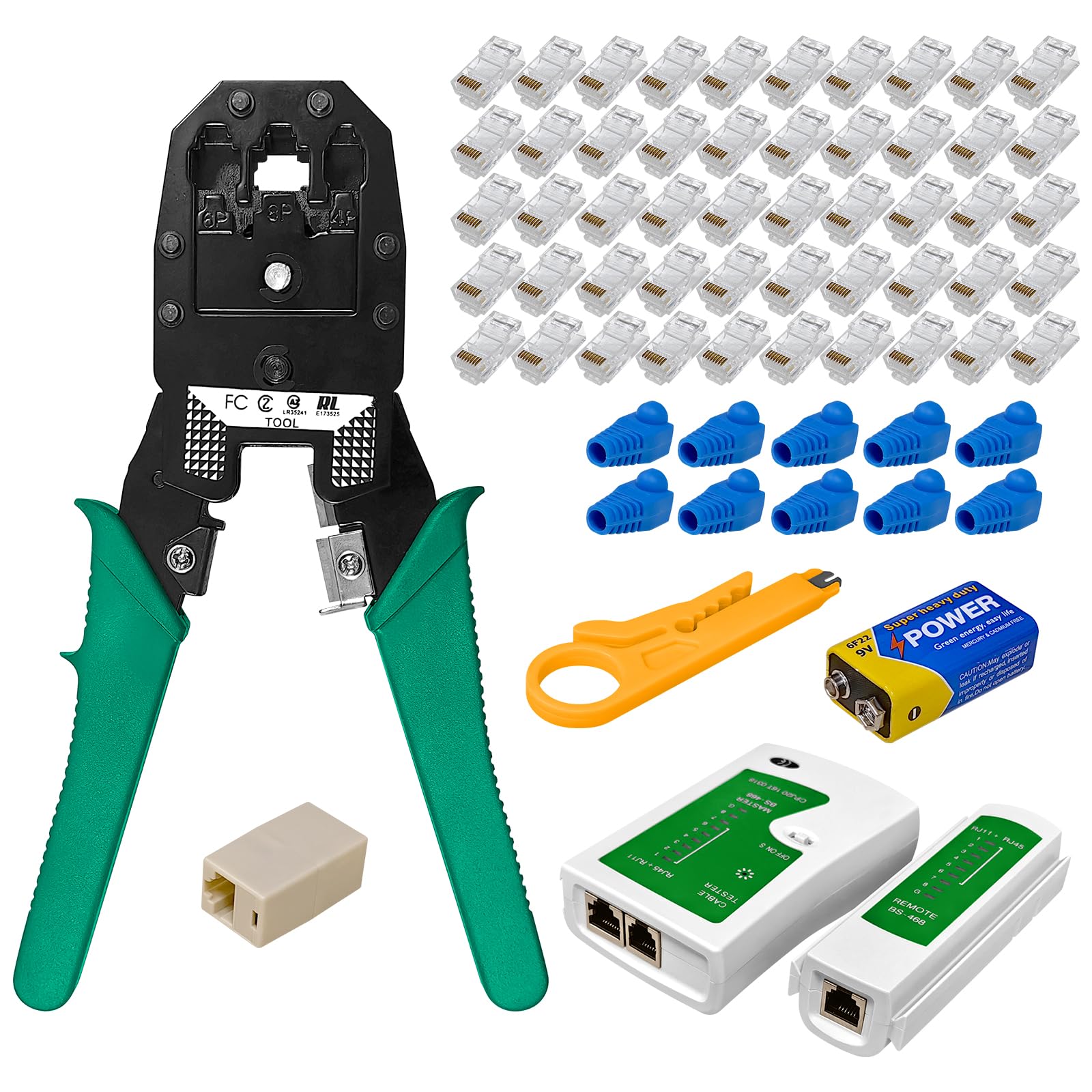 Network Tool Kit, ALEENFOON Professional Ethernet Network LAN Kit RJ11 RJ45 Cat5e Cat6 Cat7 Wire Cable Tester Crimping Tool Crimper, 50pcs RJ45 Coupler Joiners, Internet Coupler (65pcs Tools Set )