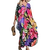 Woxscury Kaftan Dresses Colorful Floral Print Cover Ups Maxi Beach Cover Ups V Neck Batwing Sleeve for Women Swimwear