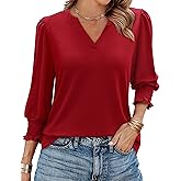 Uhiger Tunic Tops for Women 3/4 Length Sleeve Womens Tops V Neck Blouses Shirts Dressy Casual with Smocked Cuffs