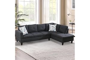 SumKea L-shaped Sectional Sofa Set Luxurious Flannelette 5-seat Couches, Right Facing Chaise with Pillows, Perfect for Modern Living Room, Apartment, Black Grey