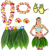 BAJOTAL Women Grass Skirt for Luau Party, Hawaiian Leaf Hula Skirt with Flower Leis for Beach and Hawaii Luau Party Decorations