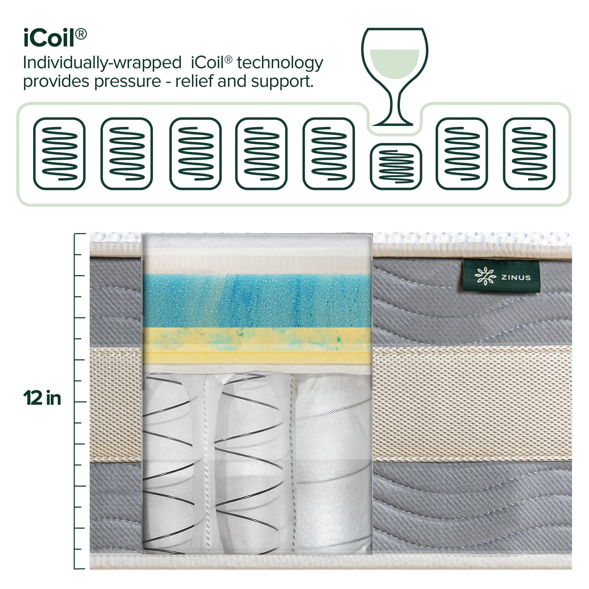 ZINUS 12 Inch Green Tea Cooling Gel Memory Foam HybridMattress / Pocket