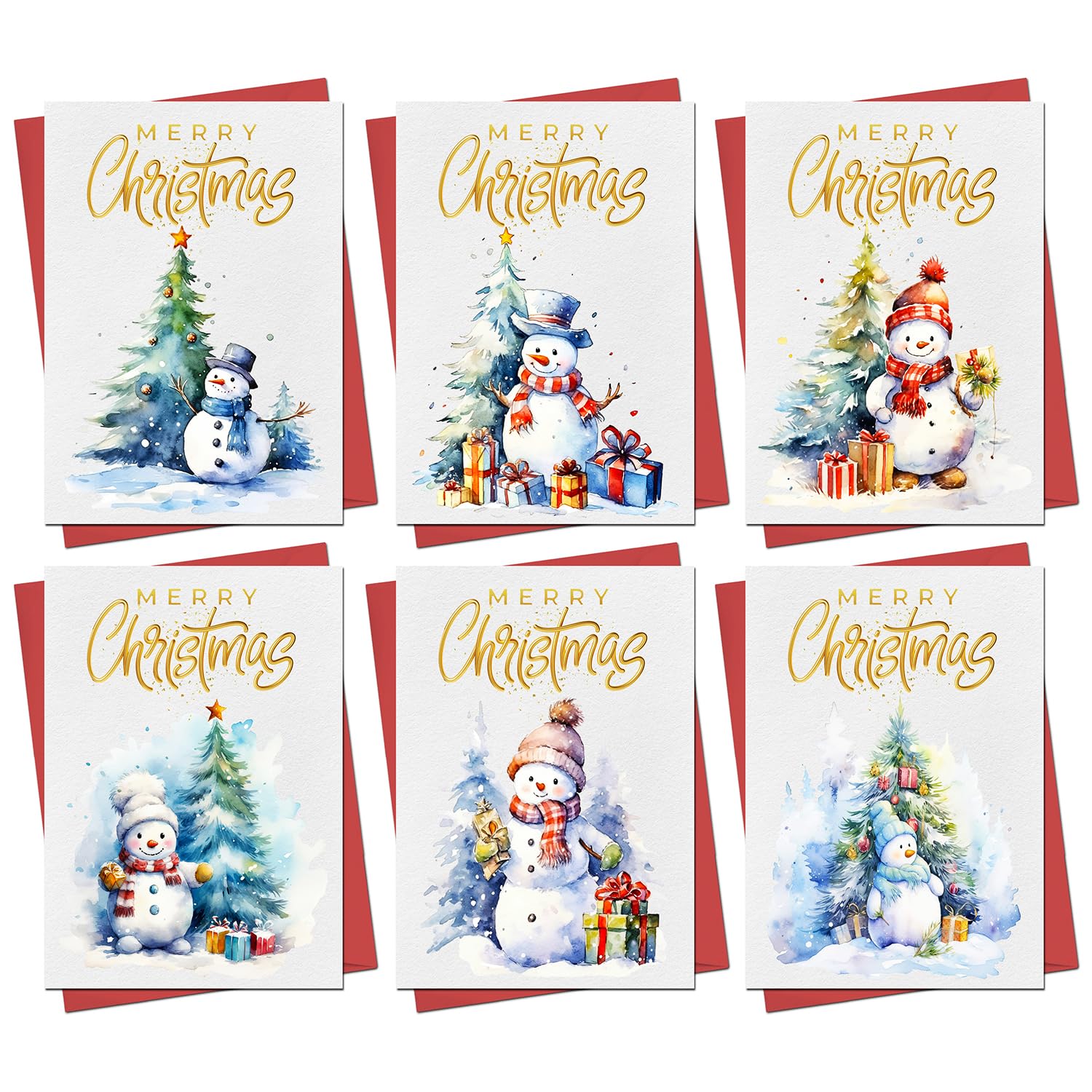 Christmas Cards Boxed | 30 Pack Xmas Cards Multipack | 6 Unique Cute Funny Snowman Snowmen Designs Watercolour Festive Seasons Greetings For Friends Family